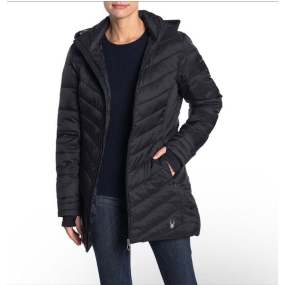 Spyder Black puffer thermal Hooded quilted long jacket front zipper L - Picture 15 of 15